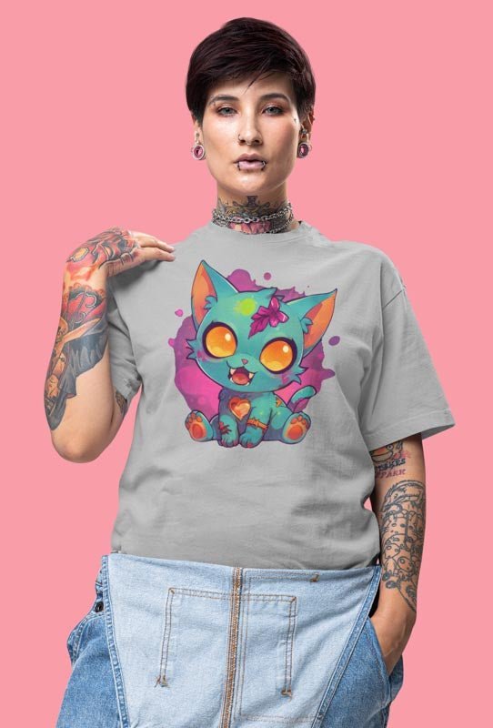 Niedliches T - Shirt mit Zombie Katze - Buntes Design für Tierliebhaber - TeeGerDesign - T - Shirt - Crew neck