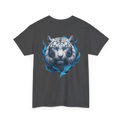 Tiger mit Blauer Flamme T - Shirt und minimalistischem TeeGer Schriftzug - TeeGerDesign - T - Shirt - Brand